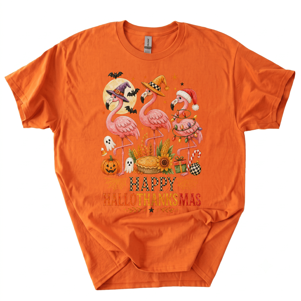 Happy Hallothanksmas Xmas Halloween Thanksgiving Flamingo T-Shirt-Z6VO