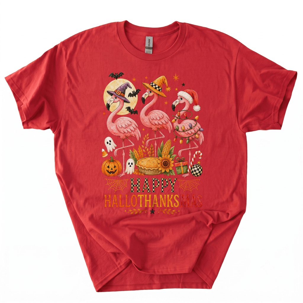 Happy Hallothanksmas Xmas Halloween Thanksgiving Flamingo T-Shirt-Z6VO