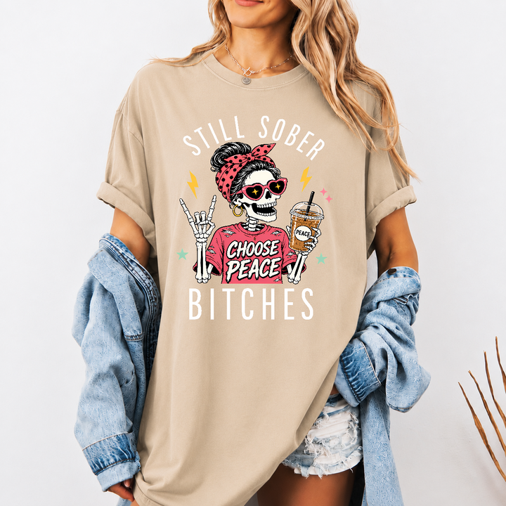 Still Sober Bitches Messy Bun Drinking Coffee Skeleton Women T-Shirt-NYFR