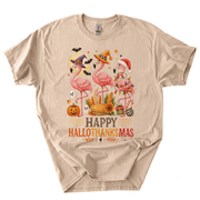 Happy Hallothanksmas Xmas Halloween Thanksgiving Flamingo T-Shirt-Z6VO