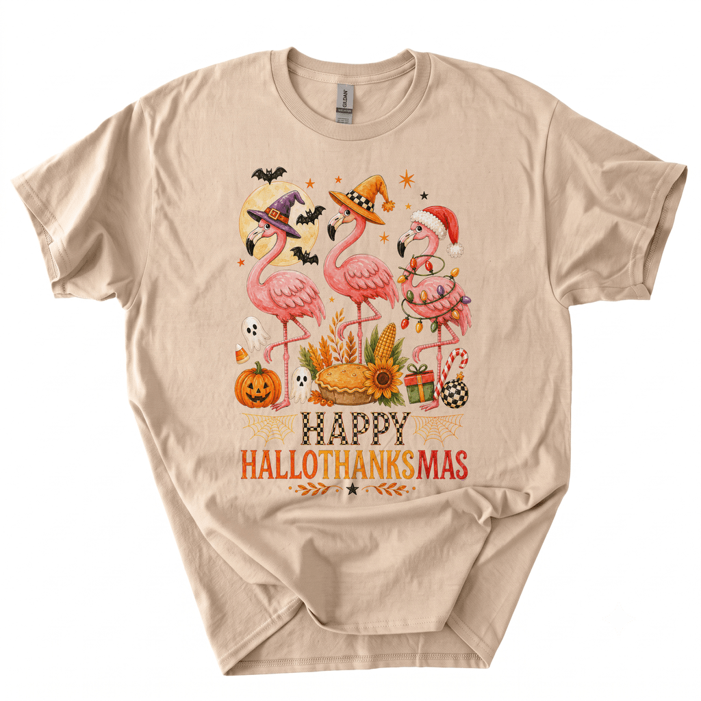 Happy Hallothanksmas Xmas Halloween Thanksgiving Flamingo T-Shirt-Z6VO