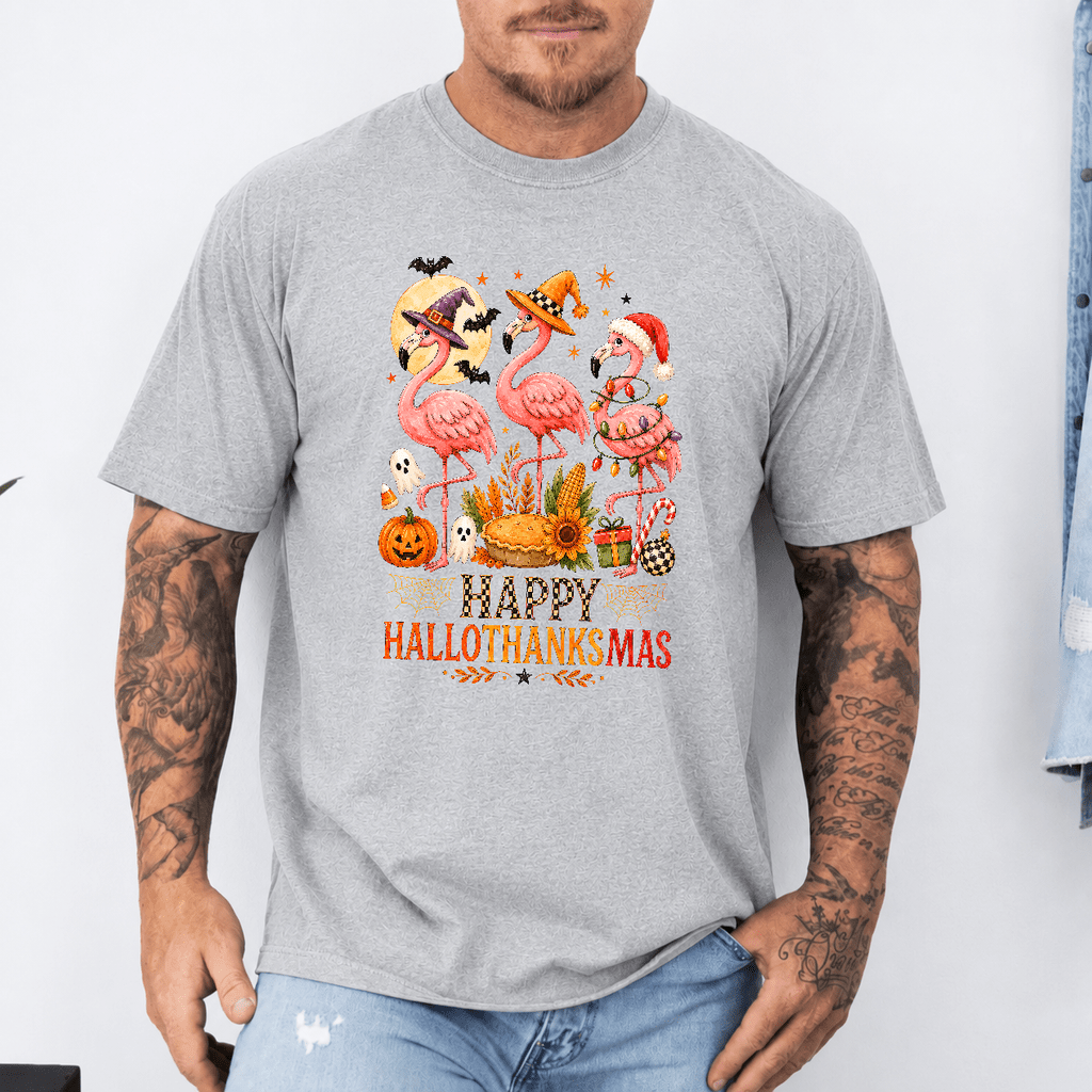 Happy Hallothanksmas Xmas Halloween Thanksgiving Flamingo T-Shirt-Z6VO