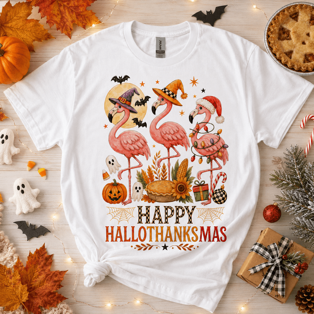 Happy Hallothanksmas Xmas Halloween Thanksgiving Flamingo T-Shirt-Z6VO